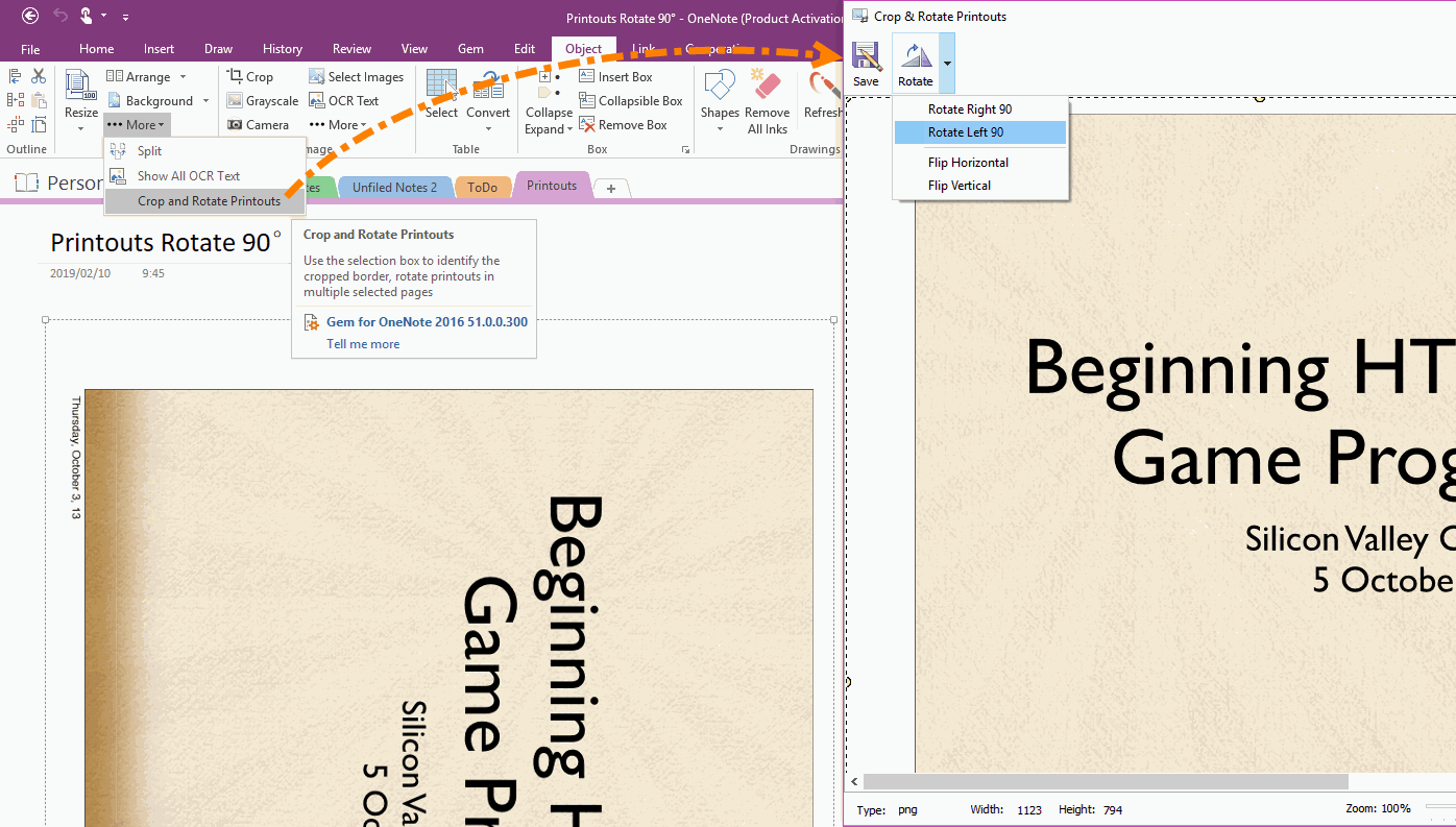 rotate pdf page in onenote 2016